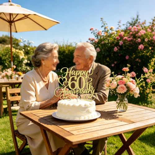 Happy 60th Anniversary Cake Topper Glitter Celebration Decoration - Gold