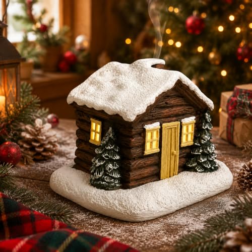Snow Cabin Incense Burner with Fire-Resistant Resin Cottage Holder - Snow Hut Variation