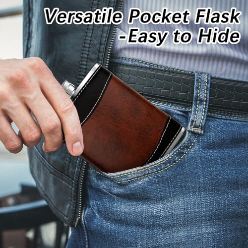 Leather-Wrapped 8 oz Stainless Steel Liquor Flasks Set with Funnel - Leakproof Whiskey Drinking Bottles for Weddings & Parties