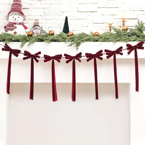 Christmas Velvet Bow Garland - Burgundy, 59 Inch, Wine Red Variation