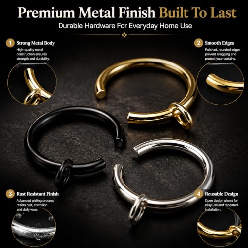 Black Gold C-Shaped Curtain Rings 1.25-inch 30-Pack for Rods