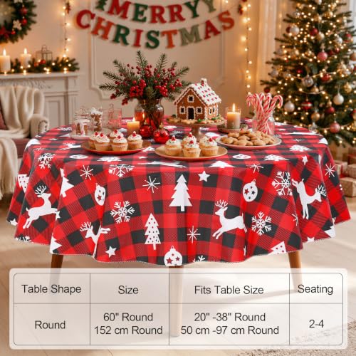 Christmas Table Cloth - Red & Black Round Flannel Backed Vinyl 60 Inch