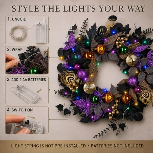Halloween Wreath with Lights 22-Inch Black and Purple Front Door Decor