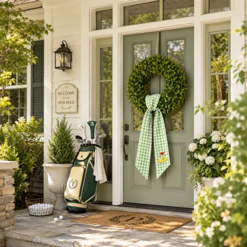 Golf Party Wreath Sash Set - Green White Plaid Fabric Decorations for Wreaths and Events