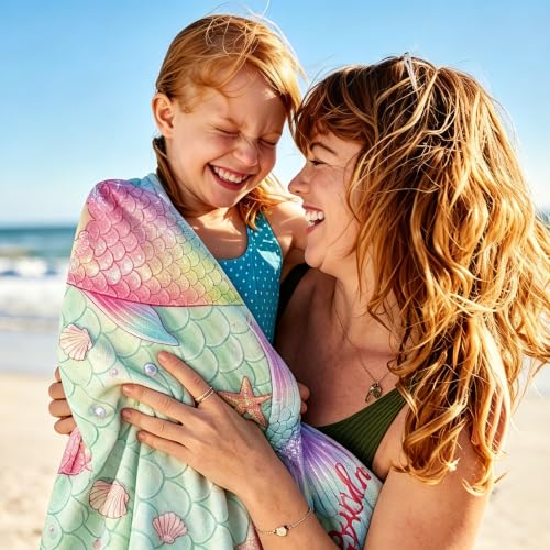 Personalized Mermaid Beach Towel for Kids & Adults - Custom Name & Photo Microfiber Quick Dry Sand-Free Pool & Travel Towel - Mermaid Variation