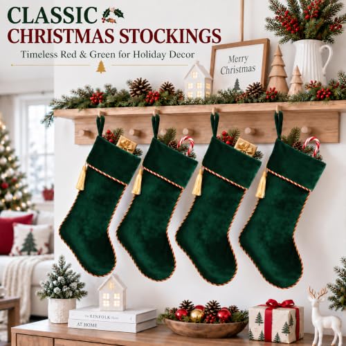 Green Velvet Christmas Stockings 3 Pack - 20 Inch Large Holiday Decor