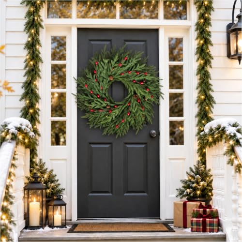 24 Inch Pre-Lit Cedar Christmas Wreath with Red Berries and Pinecones