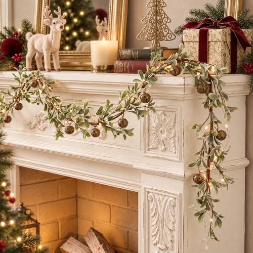6 ft Lighted Christmas Mistletoe Garland with Metal Bells & Berries