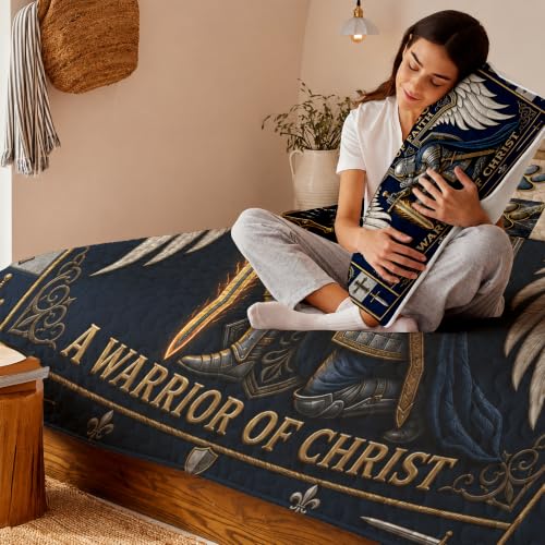 Personalized Christian Warrior Quilt with Custom Name - Faith Bedding for Men and Women, Twin to King Size, Religious Bedroom Decor (Warrior 5)