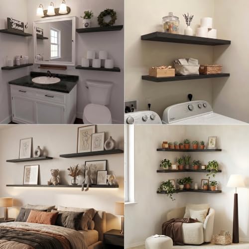 24 Inch Deep Floating Wall Shelves Set of 2 Black Wood Grain