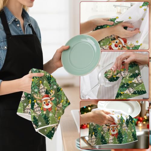 Green Christmas Kitchen Towels Deer Design 18x28 Inches - Holiday Dish Towels