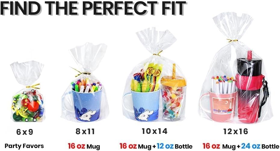 PigPotParty Cellophane Treat Bags 6x9 Inch, 50 Pack Clear Goodie Bags with Bottom Gusset for Stand-Up Display, Small Plastic Gift Wrap for Cookies, Candy, Party Favors, Popcorn, Includes 50 Gold Ties