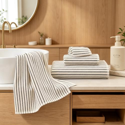 Black and White Striped Cotton Bath Towels Set 6 Pieces for Bathroom Decor