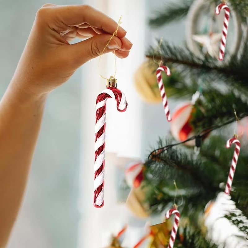 Red Plastic Christmas Glitter Candy Cane Ornaments - 12 Pack Holiday Decorations
