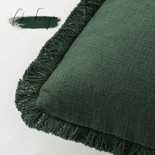 Foindtower Set of 2 Decorative Linen Fringe Throw Pillow Covers Cozy Farmhouse Cushion Cover with Tassels Accent Pillowcase for Couch Chair Sofa Bed Living Room Home Decor,18×18 Inch,Dark Olive Green