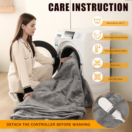 Gray Electric Heated Blanket 60x84 Inches Flannel Throw with 6 Heat Settings