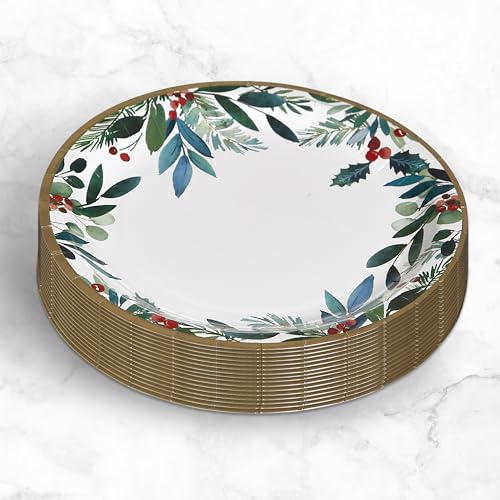 Papyrus Disposable Holiday Foliage Dinner Plates & Cups Set - Elegant Christmas Partyware
