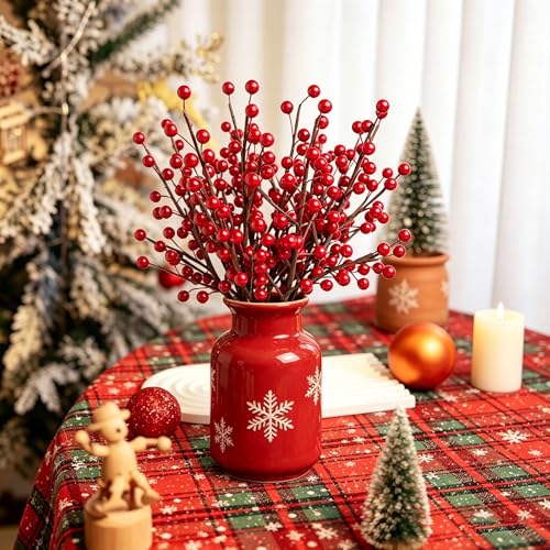 Artificial Red Berry Stems 13.5 Inch for Holiday Decor, 12 Pack