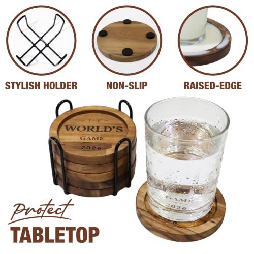 The World's Game 2026 Acacia Wood Coasters Set of 6 with Metal Holder - Soccer Housewarming Gift