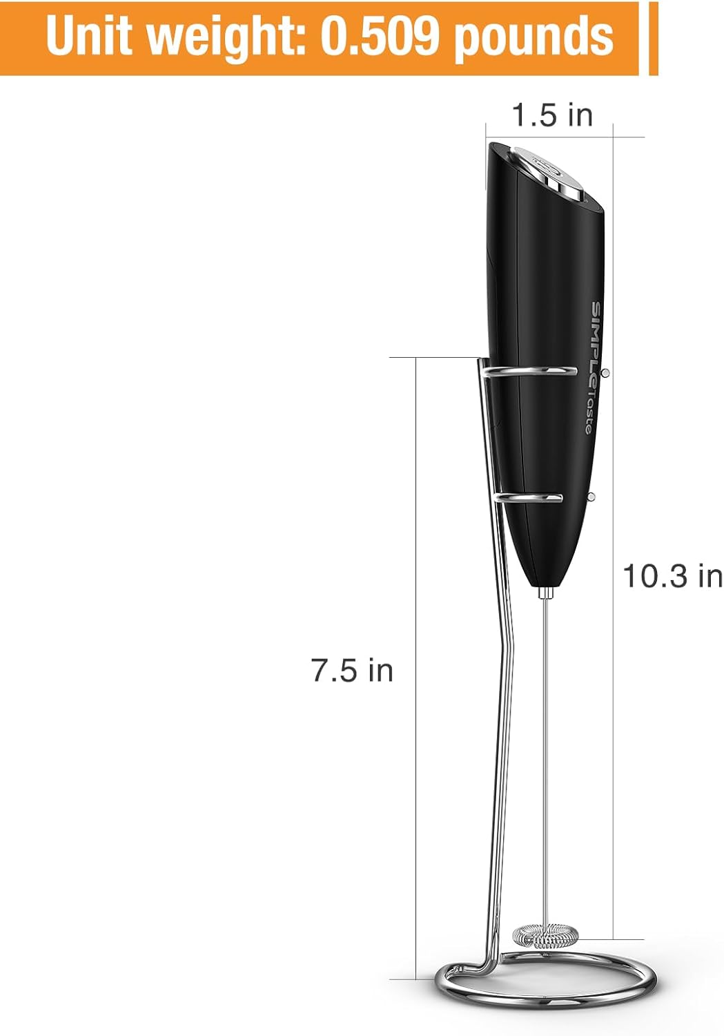 SimpleTaste Electric Milk Frother - Handheld Foam Maker with Stainless Steel Whisk for Lattes & Cappuccinos | Black with Stand