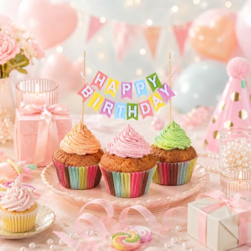 Rainbow Felt Happy Birthday Cake Topper Banner Sign Set for Kids Parties