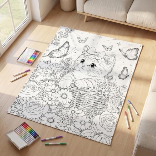 DIY Coloring Blanket Kit with 24 Markers - Kids Hand-Drawn Doodle Throw Blanket - Soft Cozy Reusable Washable Craft Gift - Variation #A