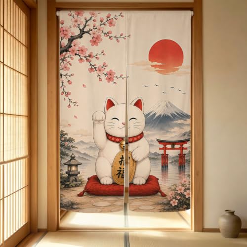 Japanese Lucky Cat Noren Doorway Curtain with Mount Fuji and Cherry Blossom - Red, 33.5 x 59 inches