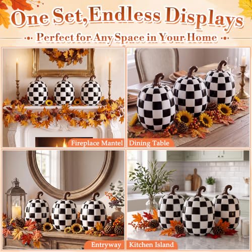 Black and White Checkered Pumpkins Set of 3 - Halloween Fall Decor