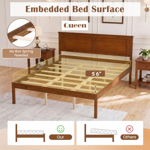 Queen Size Farmhouse Wooden Platform Bed Frame with Headboard - Walnut Open Footboard