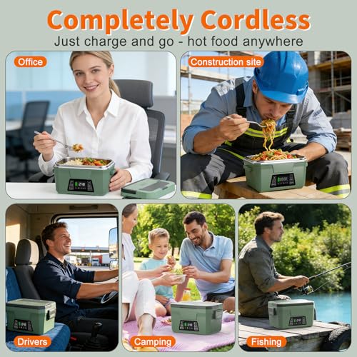 Monteka Cordless Electric Lunch Box - Dark Green, Rechargeable Food Warmer with Scheduled Heating & Keep Warm Function