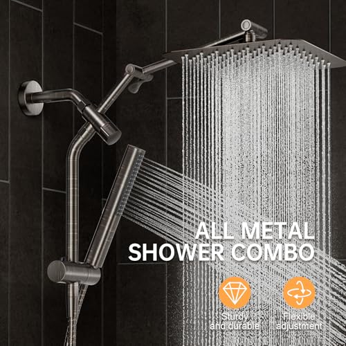Veken All Metal 10" Brushed Gold Shower Head with Handheld, Luxurious Square Double Rain Shower Heads with Spray Combo, Dual High Pressure Detachable Rainfall Showerhead with Extension Arm, Long Hose