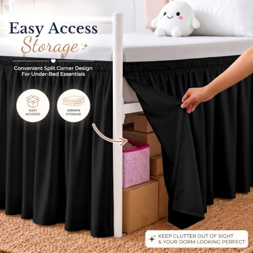 Dorm Bed Skirt Twin XL 36 Inch Drop Black Wrap Around Dust Ruffle