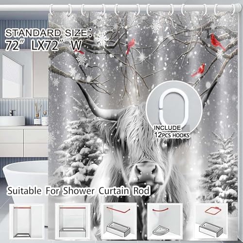 Winter Christmas Highland Cow Shower Curtain - Grey 72x72 Inches