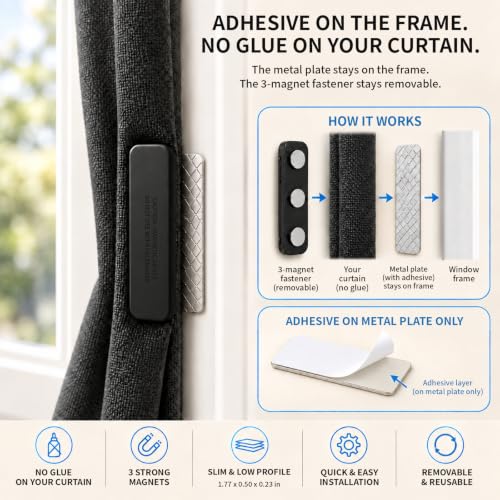 Self-Adhesive Magnetic Curtain Magnets with Strong Metal Clips - 24 Pairs - Black