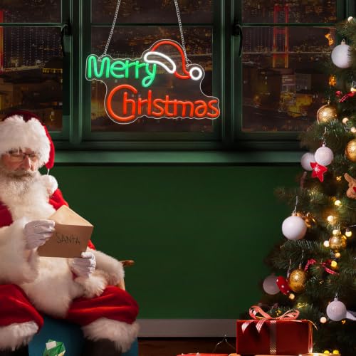 LED Neon Sign Christmas Wall Light with Santa Hat - USB Powered Decor
