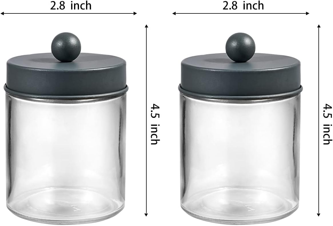 Amolliar Apothecary Jars - Stylish Bathroom Storage Organizer | Glass Canister with Lid for Q-Tips, Cotton Swabs & More - Grey (2 Pack)