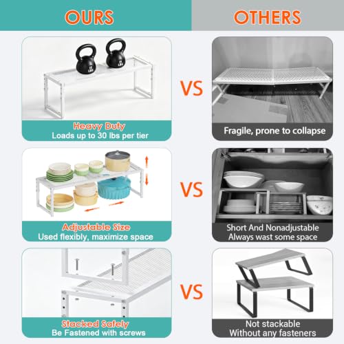 Expandable Adjustable Kitchen Shelf Organizer - Stackable Metal Storage Racks, 30LBS Capacity, 15.5-25.5 Inches