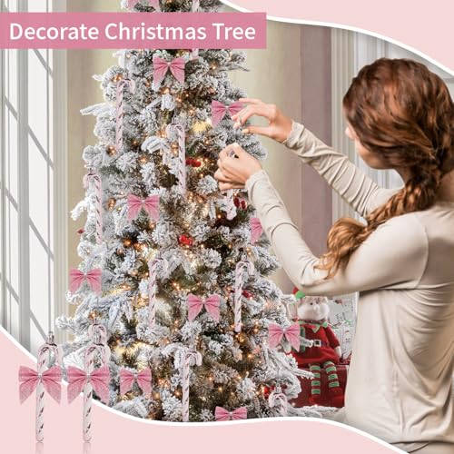 Pink Glitter Candy Cane Christmas Decorations - 12 Pcs Holiday Tree Ornaments