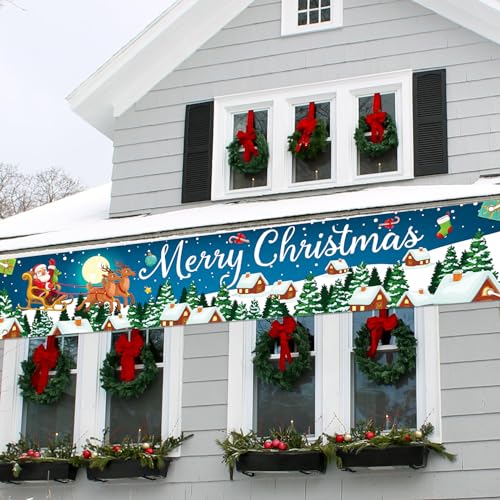 Blue Santa Sled Christmas Banner Outdoor Yard Sign 210x40cm for Festive Decor