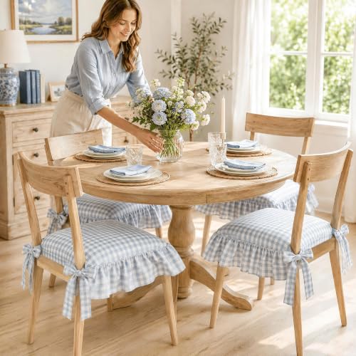 Farmhouse Blue Gingham Ruffle Chair Cushion Covers Set - 4 Pieces