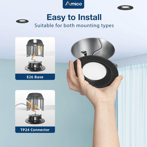 Amico 4 Inch 5CCT LED Recessed Lighting 12 Pack, Dimmable, Damp Rated, 9W=60W, Can Lights with Baffle Trim, Retrofit Installation, ETL&FCC, Black