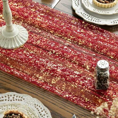 28x120 Inch Red Gold Gauze Table Runner 6 Pack Glitter Metallic Decor