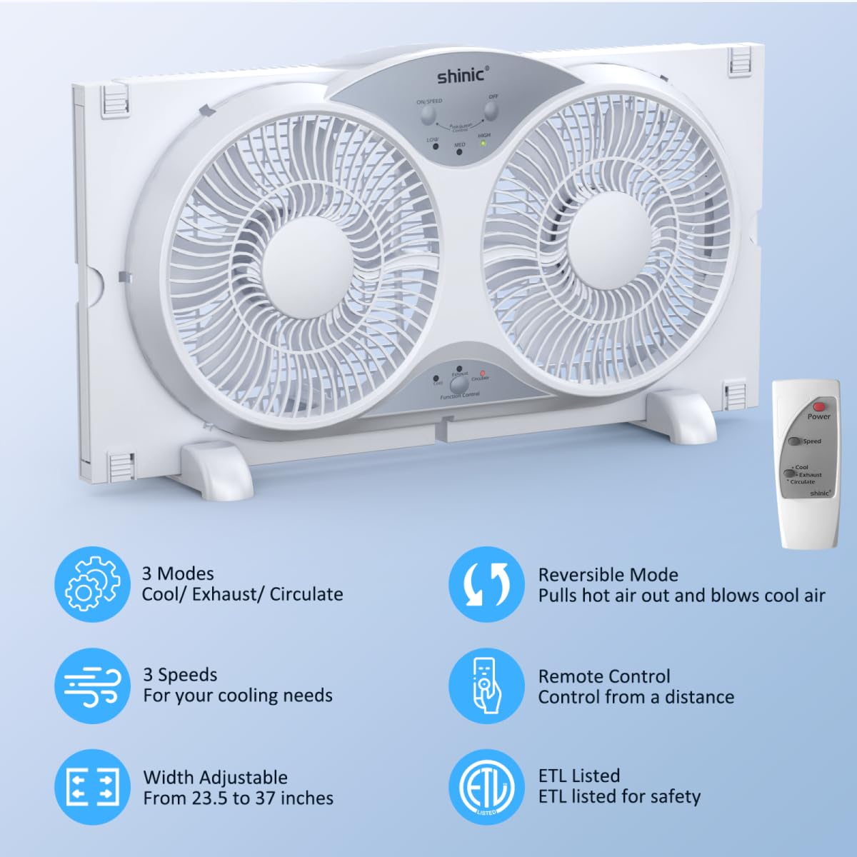 shinic Window Fan with Reversible Airflow Quiet, Twin 9" Blades, Full Remote Control, 3 Functions-3 Speeds, Bathroom Kitchen Window Exhaust Fan, Width Adjustable (From 23.5" to 37") ETL Certified