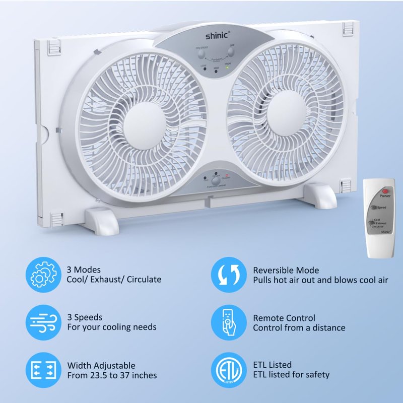 shinic Window Fan with Reversible Airflow Quiet, Twin 9" Blades, Full Remote Control, 3 Functions-3 Speeds, Bathroom Kitchen Window Exhaust Fan, Width Adjustable (From 23.5" to 37") ETL Certified