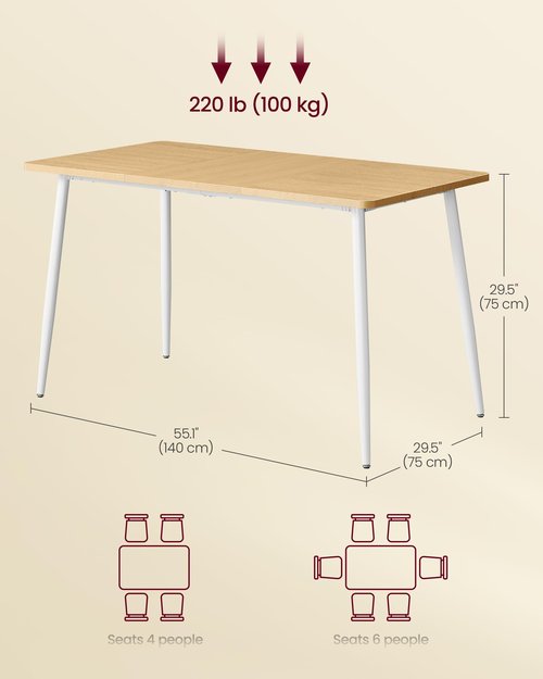 VASAGLE Dining Table, Dining Room Table for 4-6 People, Modern Farmhouse, for Kitchen, Quick Assembly, Heat-Resistant Surface, 29.5 x 55.1 x 29.5 Inches, Golden Oak and Cloud White UKDT100N01V2