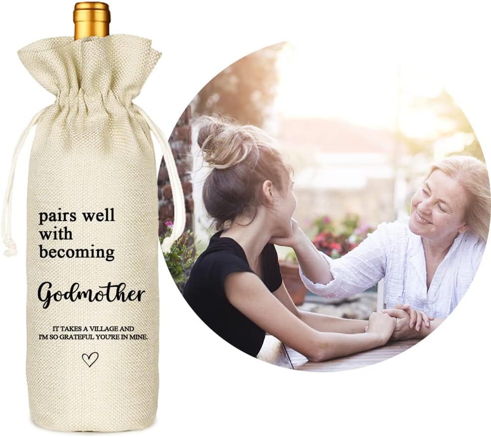 Wine Bag Gifts for Godmother, Godmother Gift, Burlap Wine Bottle Cover Gift Bag for Godmother, Godparent
