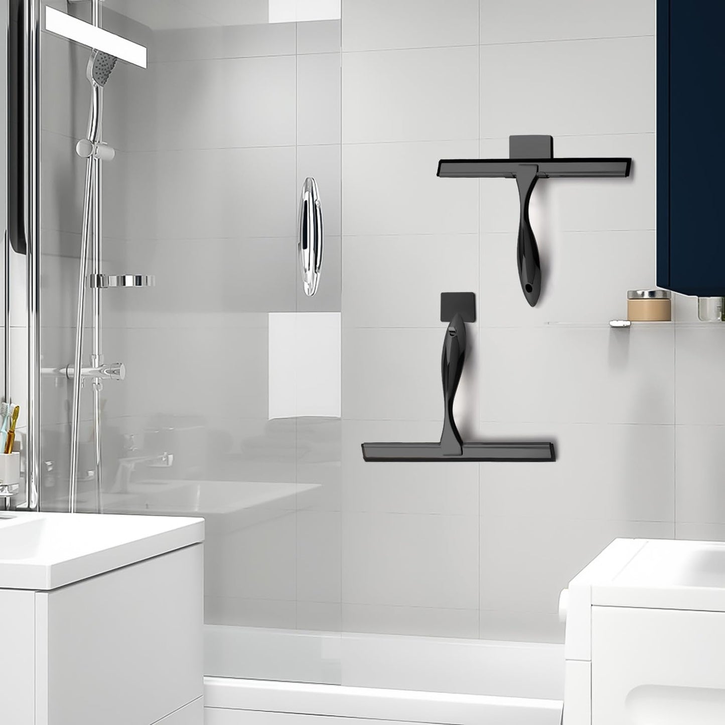 Skiennix Stainless Steel Shower Squeegee - Includes 3 Adhesive Hooks | 12-Inch Black for Glass & Tiles