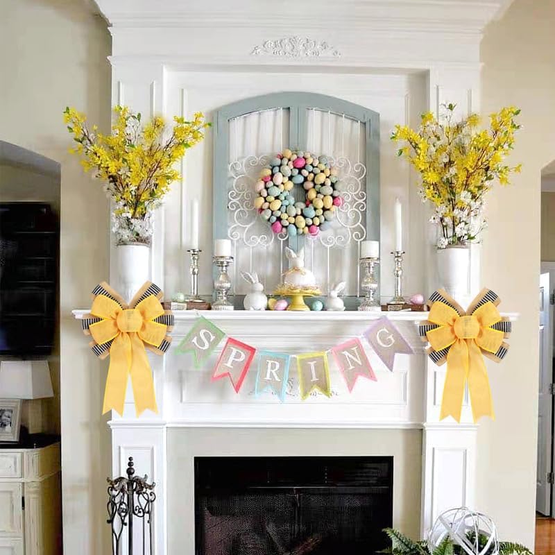 Skiennix Decorative Bow Set - 2 PCS Yellow Burlap & Black White Stripe for Holiday Wreaths | Outdoor Decor
