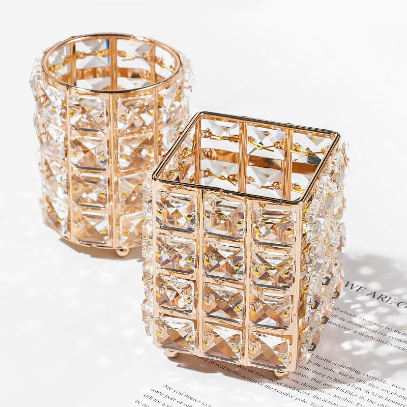 Gold Square Crystal Makeup Brush Holder Cosmetic Organizer - Durable & Elegant