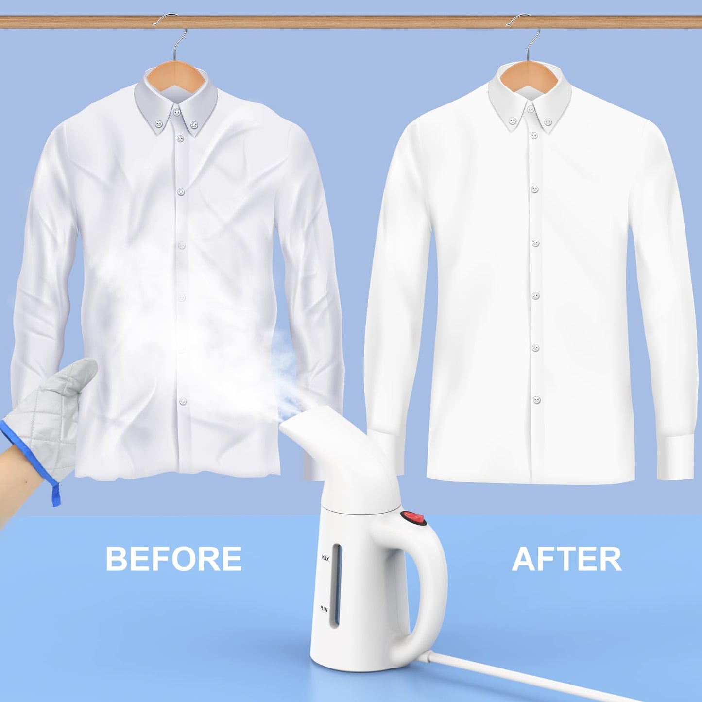 Steamer for Clothes Handheld,Portable Clothes Steamer Remove Wrinkle, 230ml Capacity Garment Steame Ideal for ALL Fabrics, 12 minutes Continuous Steam, One button Design, Easy to Use, mini (White)